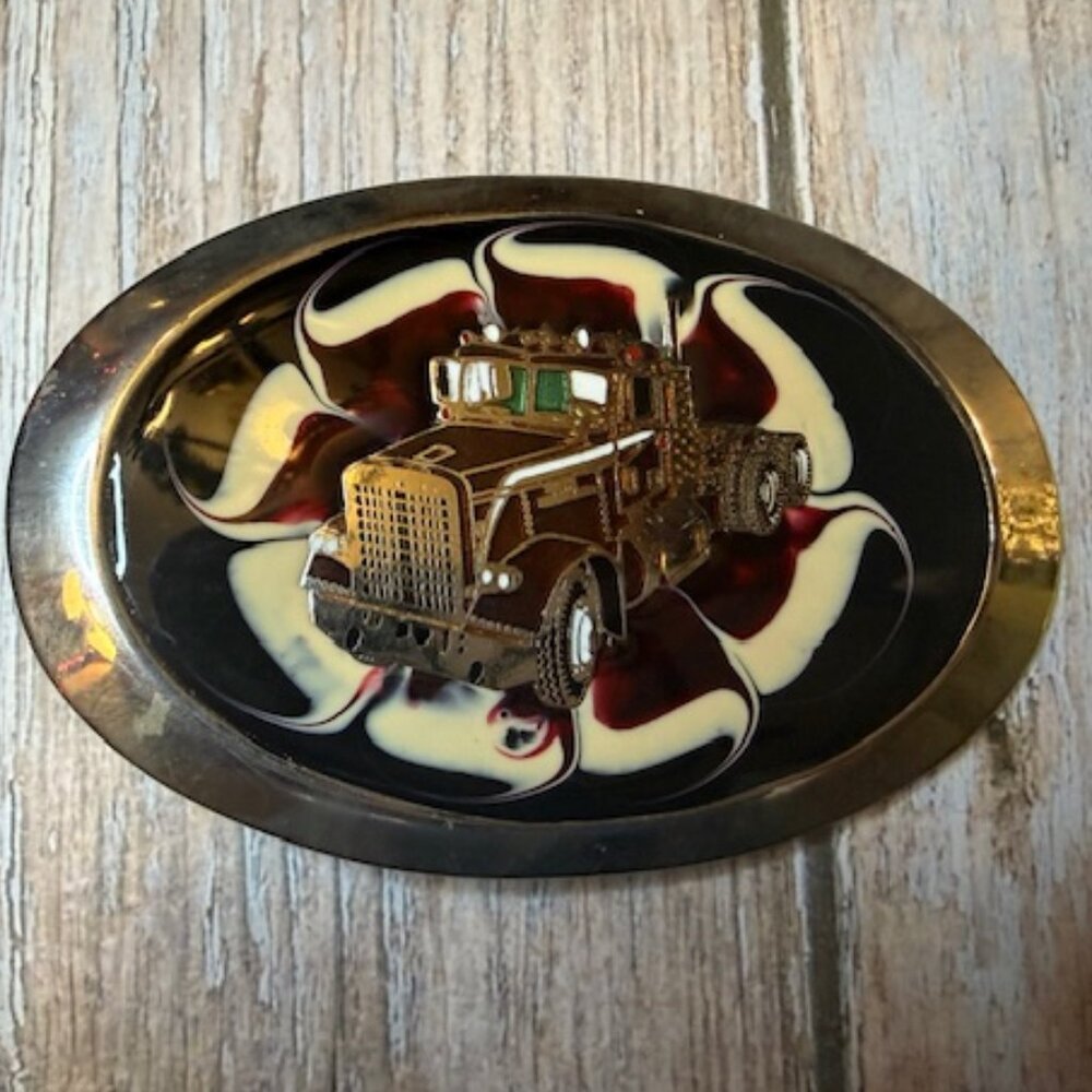 Vintage Epoxy Belt Buckle – White Semi Truck – New Old Stock – 1980s